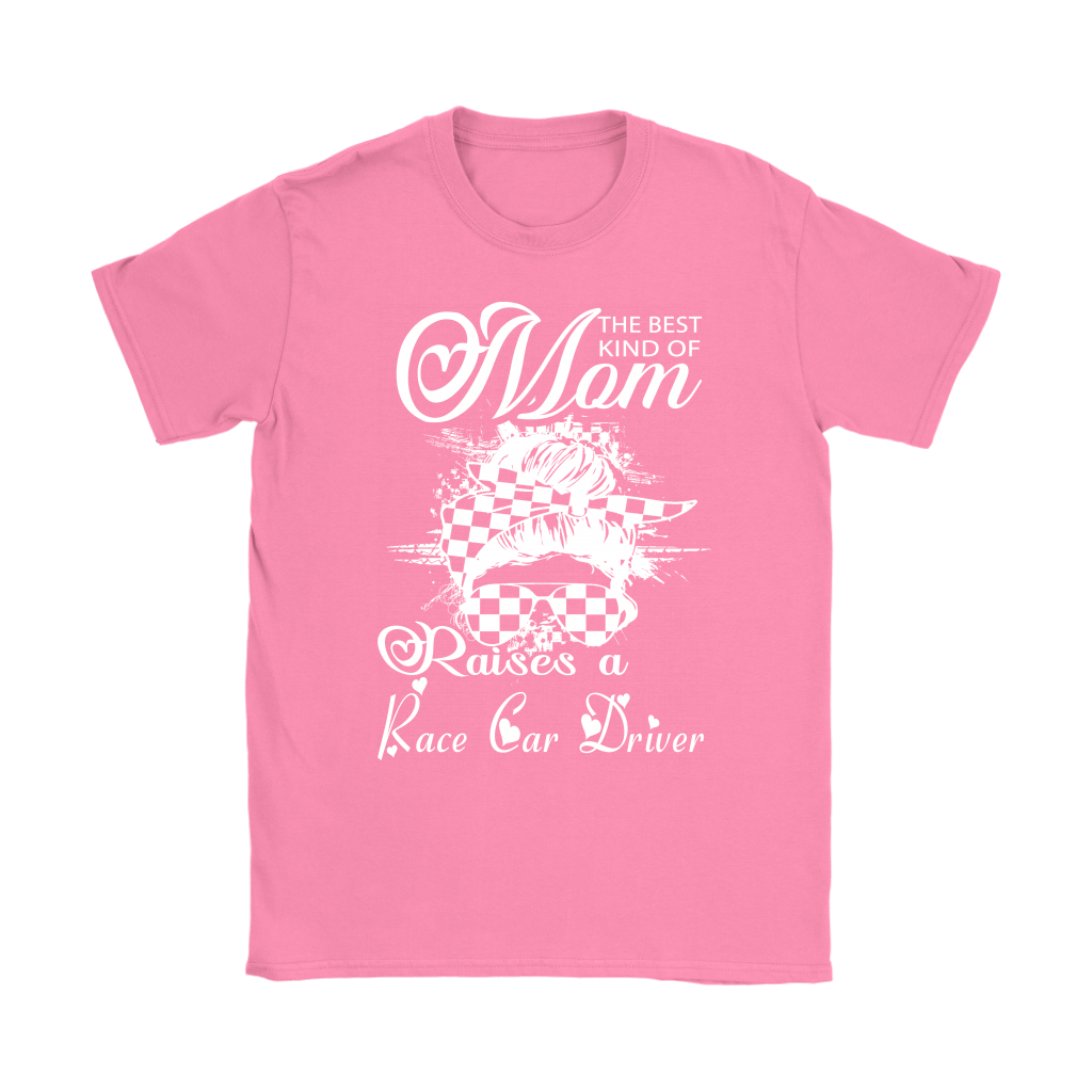 "The Best Kind Of Mom Raises A Race Car Driver" apparel collection featuring premium women's t-shirts, lightweight racerback tanks, and cozy fleece hoodies for racing families.