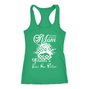 "The Best Kind Of Mom Raises A Race Car Driver" apparel collection featuring premium women's t-shirts, lightweight racerback tanks, and cozy fleece hoodies for racing families.