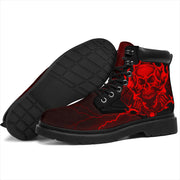 Thunder Skull Piston All-Season Boots featuring a double-sided skull and piston graphic on water-resistant micro-suede with memory foam insoles and a durable steel shank rubber outsole.