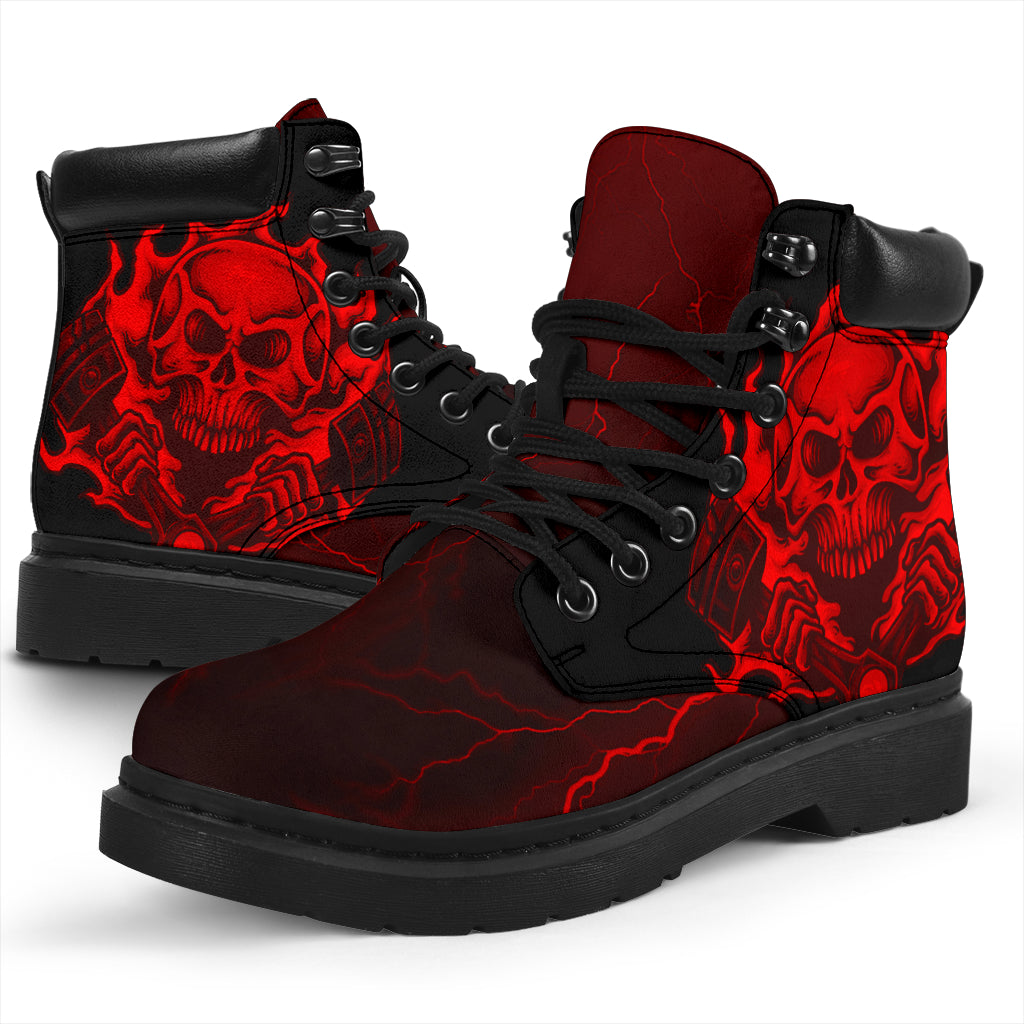 Thunder Skull Piston All-Season Boots featuring a double-sided skull and piston graphic on water-resistant micro-suede with memory foam insoles and a durable steel shank rubber outsole.