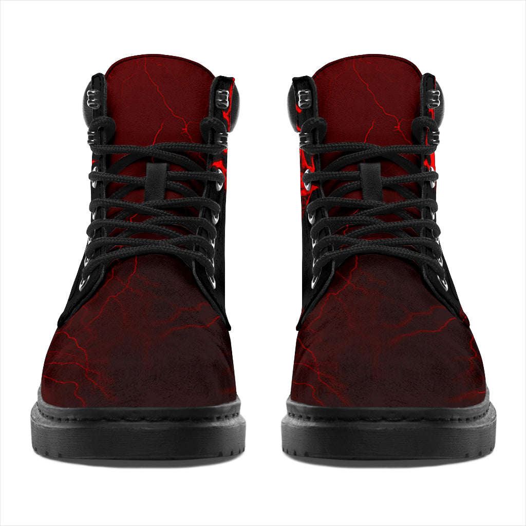 Thunder Skull Piston All-Season Boots featuring a double-sided skull and piston graphic on water-resistant micro-suede with memory foam insoles and a durable steel shank rubber outsole.