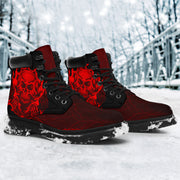 Thunder Skull Piston All-Season Boots featuring a double-sided skull and piston graphic on water-resistant micro-suede with memory foam insoles and a durable steel shank rubber outsole.