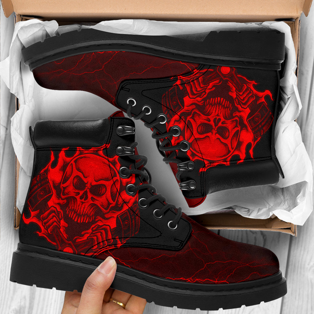 Thunder Skull Piston All-Season Boots featuring a double-sided skull and piston graphic on water-resistant micro-suede with memory foam insoles and a durable steel shank rubber outsole.