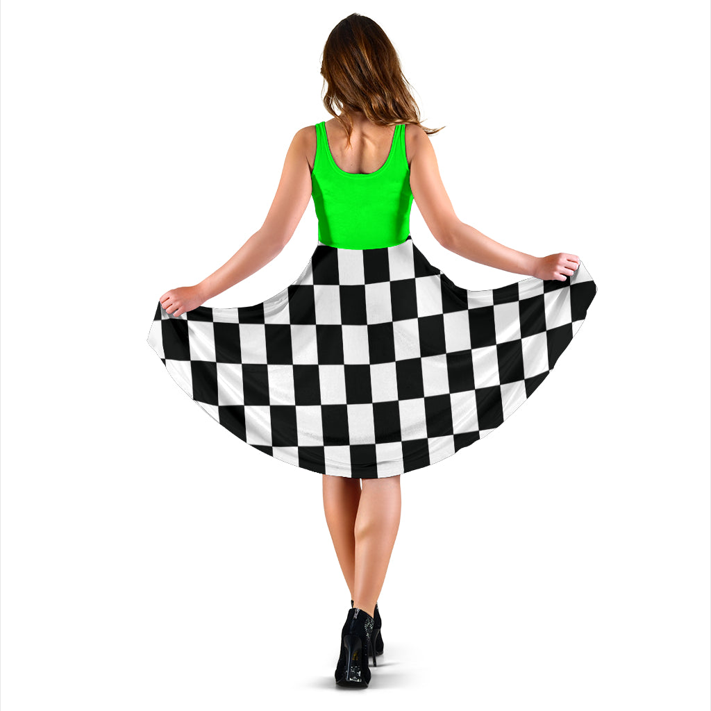 Unique mixed pistachio green and black checkered flag dress, a custom-printed midi dress for demolition derby and racing fans.