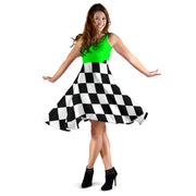 Unique mixed pistachio green and black checkered flag dress, a custom-printed midi dress for demolition derby and racing fans.