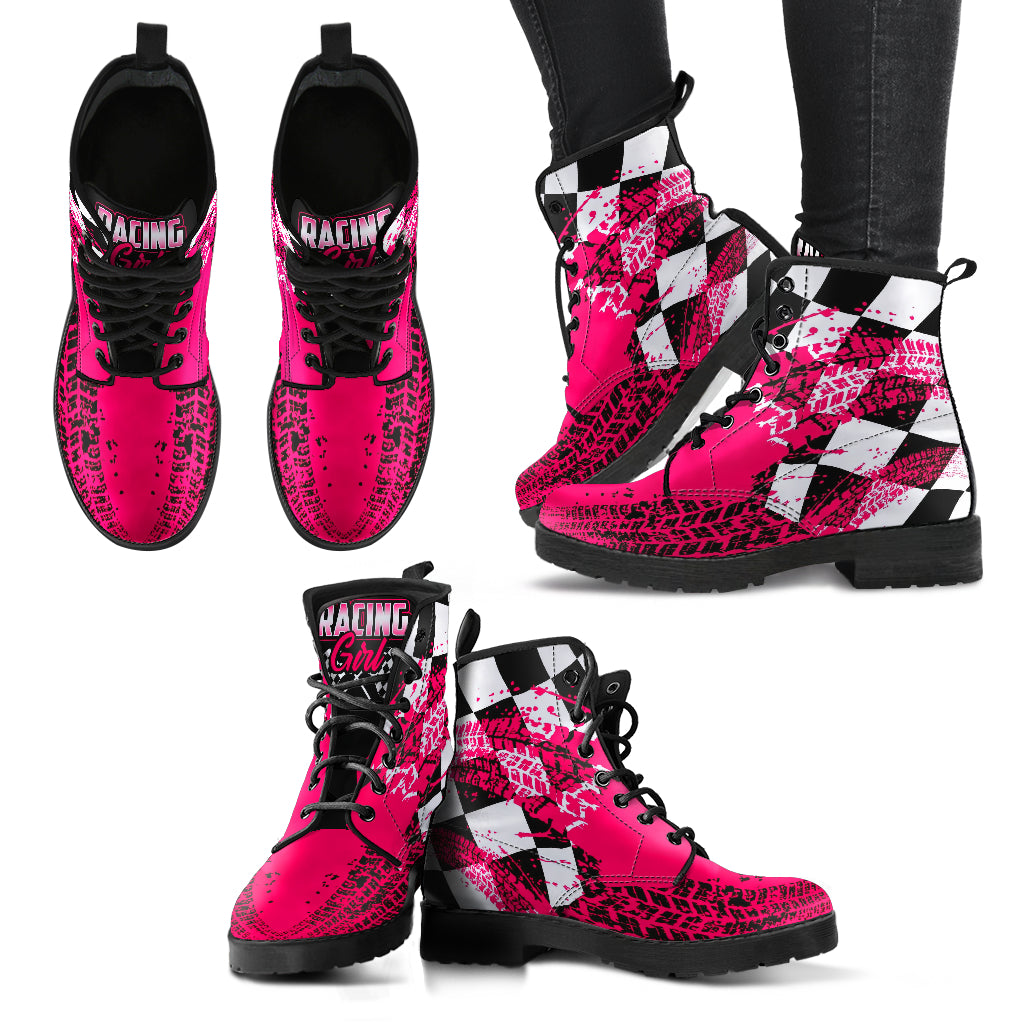 Vibrant Pink Racing Girl Boots with a custom racing-themed graphic and sturdy black soles.