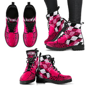 Vibrant Pink Racing Girl Boots with a custom racing-themed graphic and sturdy black soles.