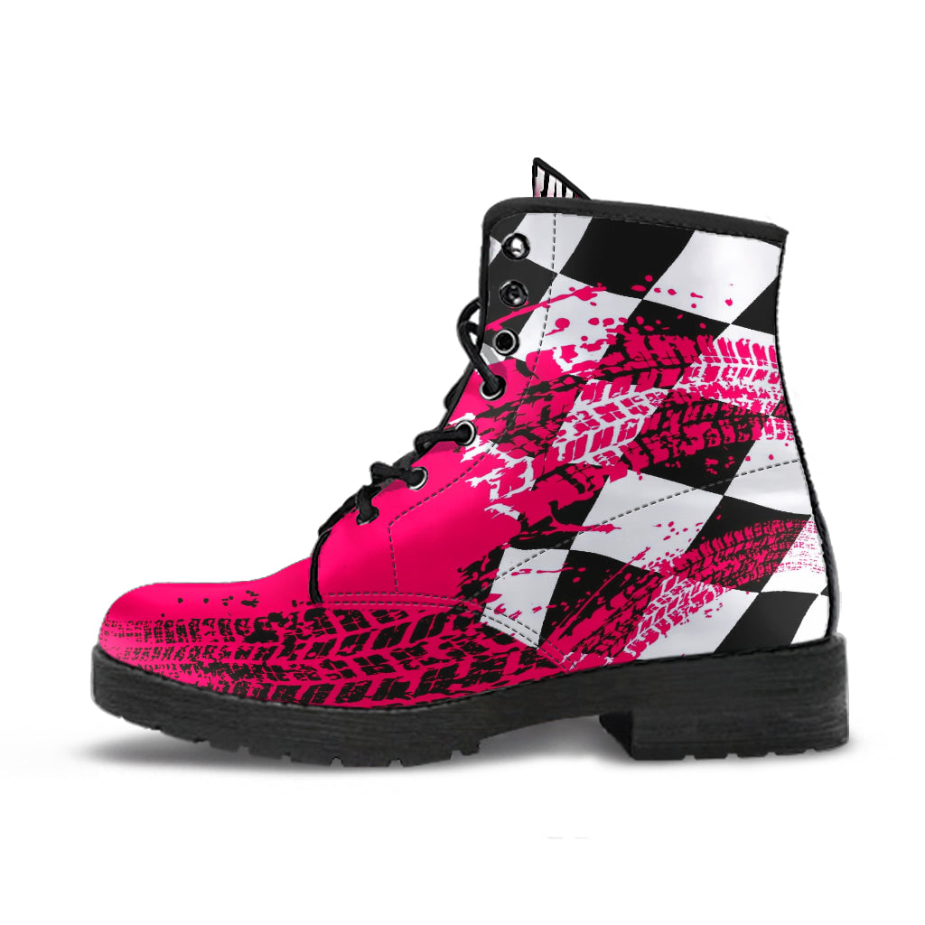 Vibrant Pink Racing Girl Boots with a custom racing-themed graphic and sturdy black soles.