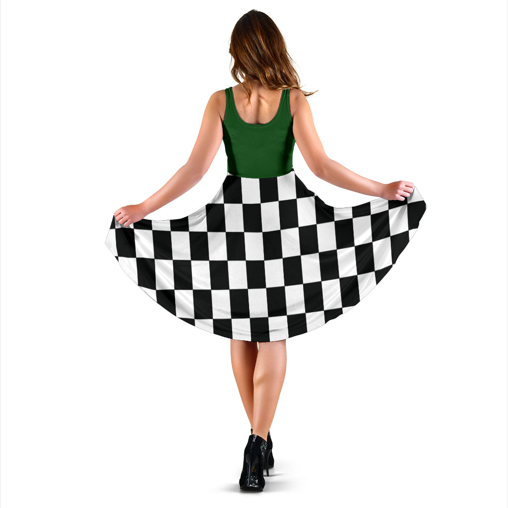 Vibrant mixed green and black checkered flag dress for women, the ultimate race day outfit with a flattering silhouette and pockets.