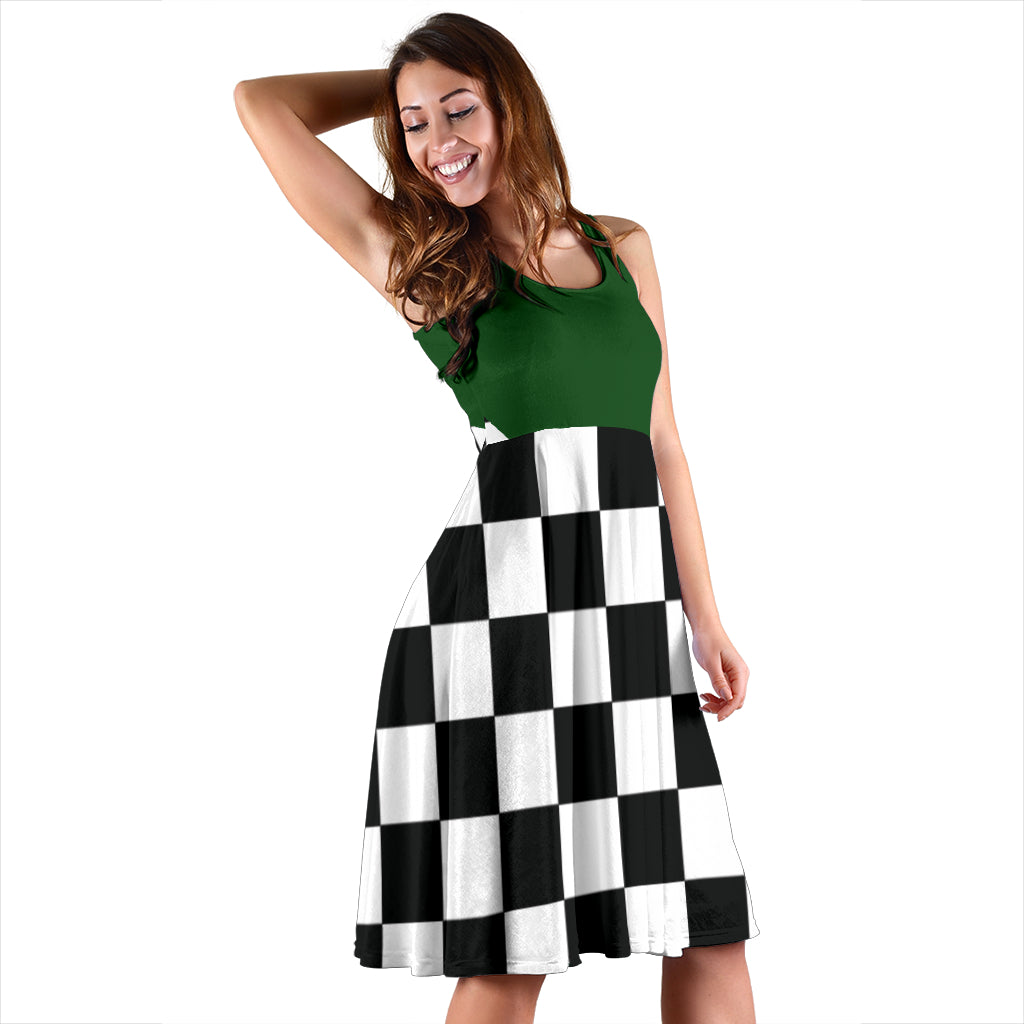 Vibrant mixed green and black checkered flag dress for women, the ultimate race day outfit with a flattering silhouette and pockets.