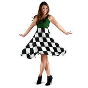 Vibrant mixed green and black checkered flag dress for women, the ultimate race day outfit with a flattering silhouette and pockets.