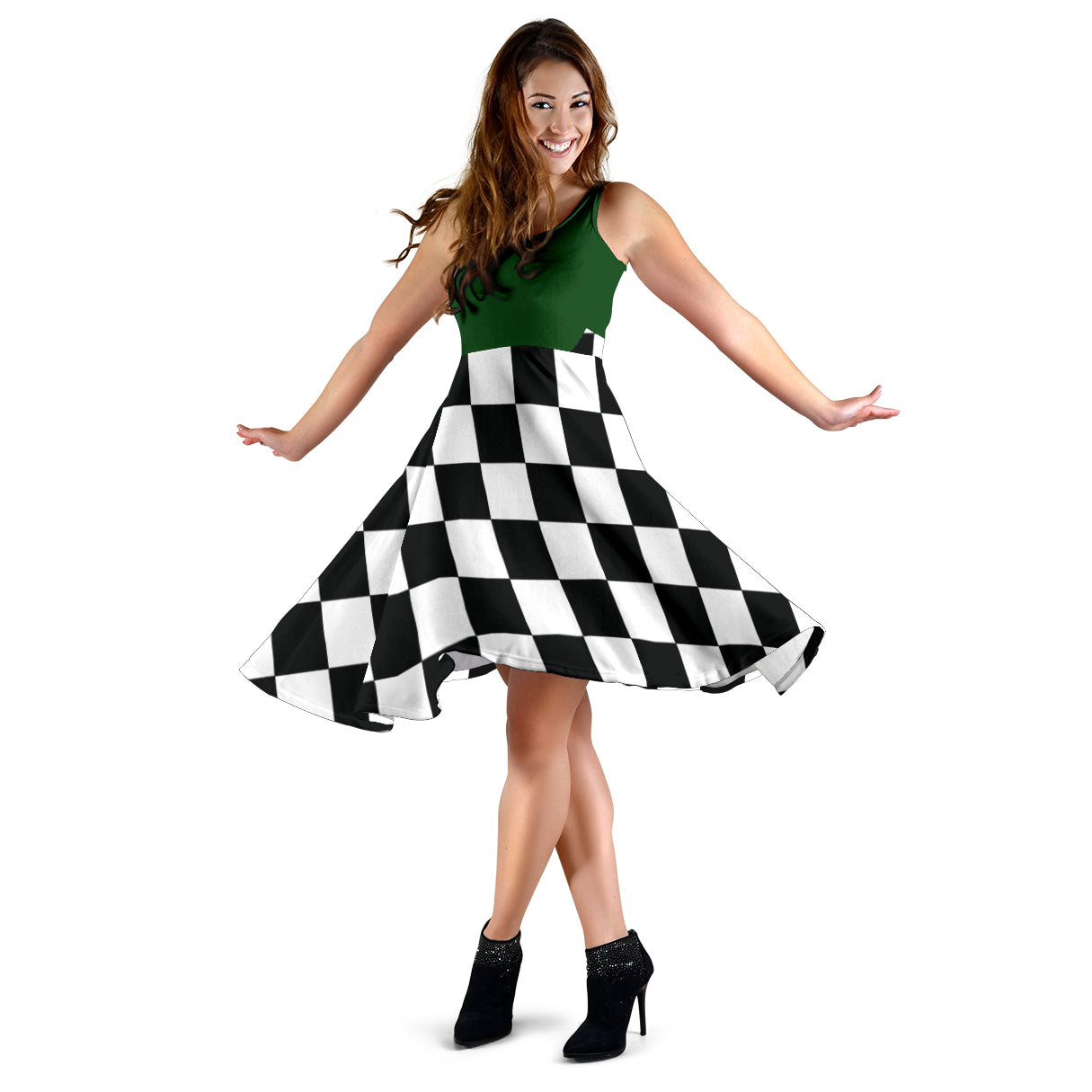 Vibrant mixed green and black checkered flag dress for women, the ultimate race day outfit with a flattering silhouette and pockets.
