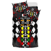 Vibrant red Drag Racing Bedding Set featuring a custom high-speed dragster design displayed on a comfortable bed setup.