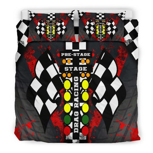 Vibrant red Drag Racing Bedding Set featuring a custom high-speed dragster design displayed on a comfortable bed setup.