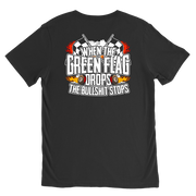 "When The Green Flag Drops The Bullshit Ends" apparel collection featuring premium men's and women's t-shirts, racerback tanks, and cozy fleece hoodies for racing fans.