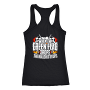 "When The Green Flag Drops The Bullshit Ends" apparel collection featuring premium men's and women's t-shirts, racerback tanks, and cozy fleece hoodies for racing fans.
