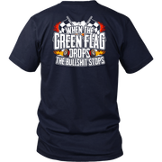 "When The Green Flag Drops The Bullshit Ends" apparel collection featuring premium men's and women's t-shirts, racerback tanks, and cozy fleece hoodies for racing fans.