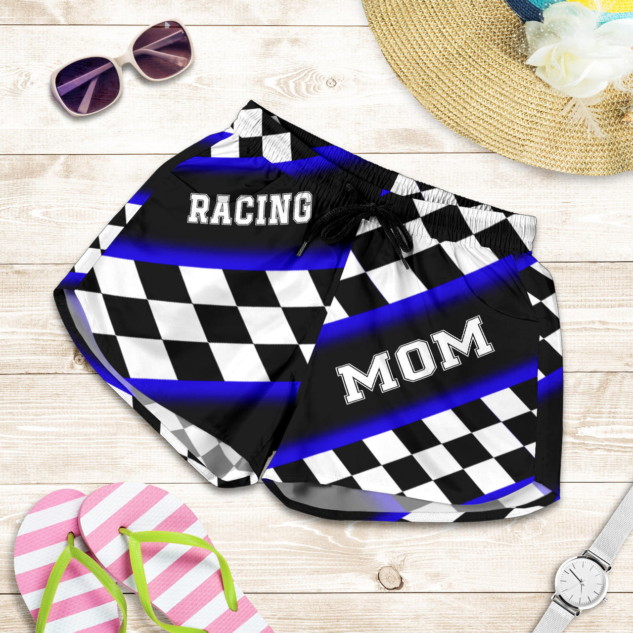 Women's Racing Mom Checkered Shorts featuring a classic black and blue racing checkerboard pattern, an elastic waistband, and a comfortable fit.
