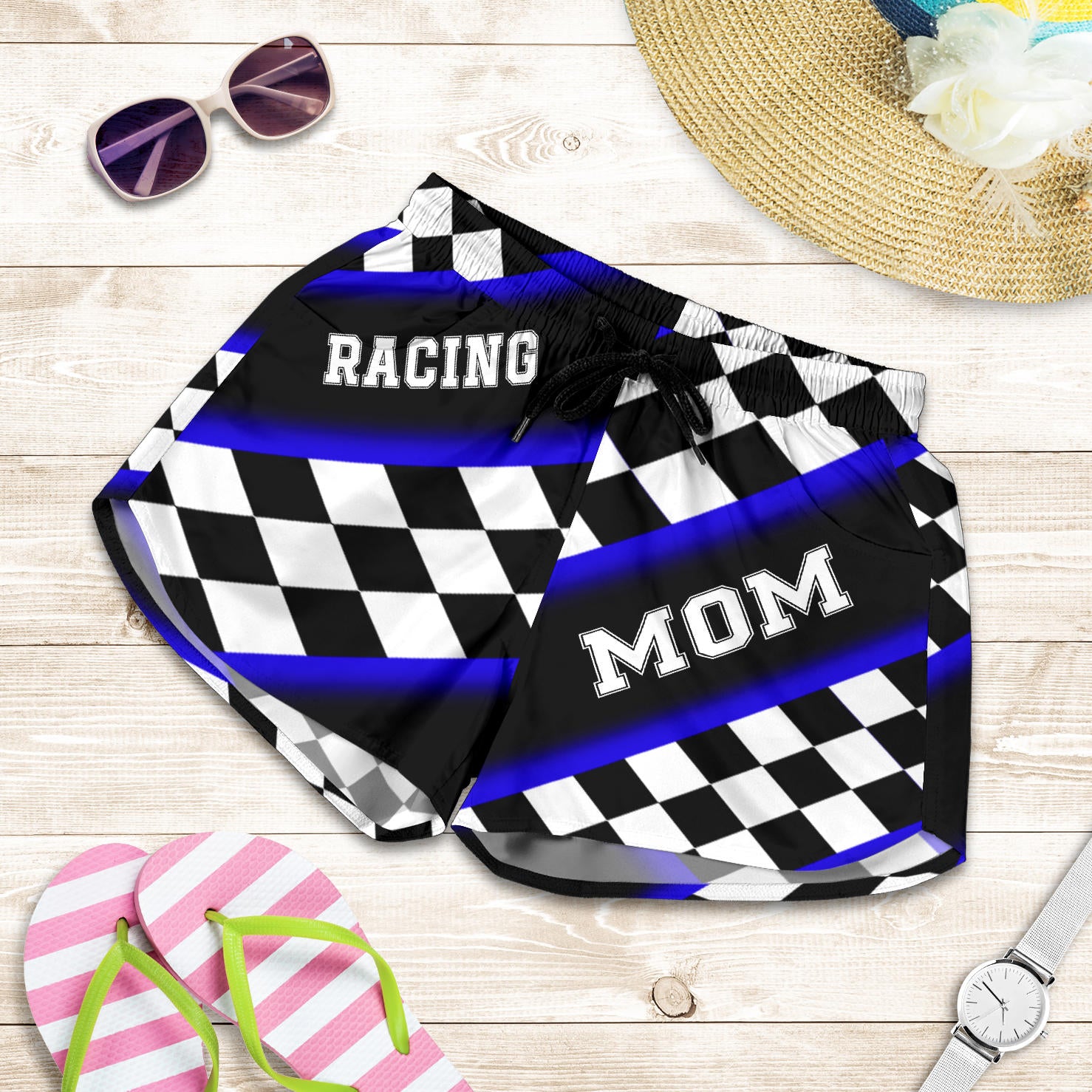 Women's Racing Mom Checkered Shorts featuring a classic black and blue racing checkerboard pattern, an elastic waistband, and a comfortable fit.