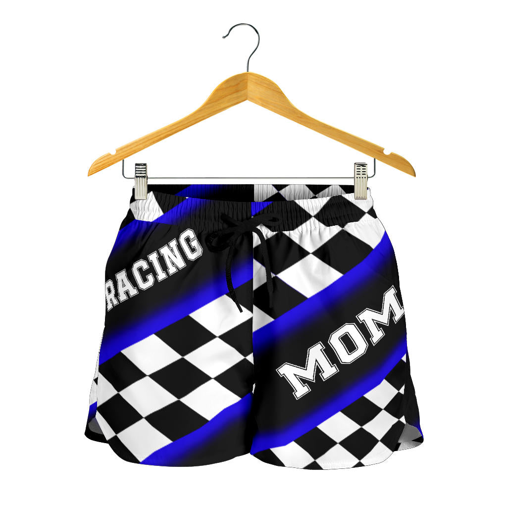 Women's Racing Mom Checkered Shorts featuring a classic black and blue racing checkerboard pattern, an elastic waistband, and a comfortable fit.