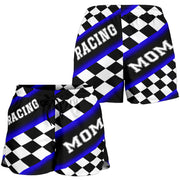 Women's Racing Mom Checkered Shorts featuring a classic black and blue racing checkerboard pattern, an elastic waistband, and a comfortable fit.