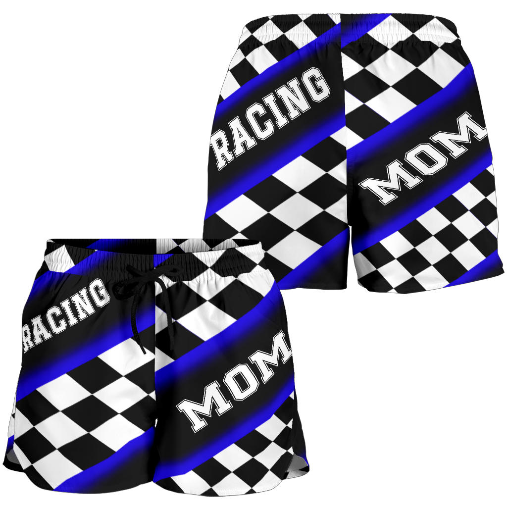 Women's Racing Mom Checkered Shorts featuring a classic black and blue racing checkerboard pattern, an elastic waistband, and a comfortable fit.