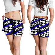 Women's Racing Mom Checkered Shorts featuring a classic black and blue racing checkerboard pattern, an elastic waistband, and a comfortable fit.