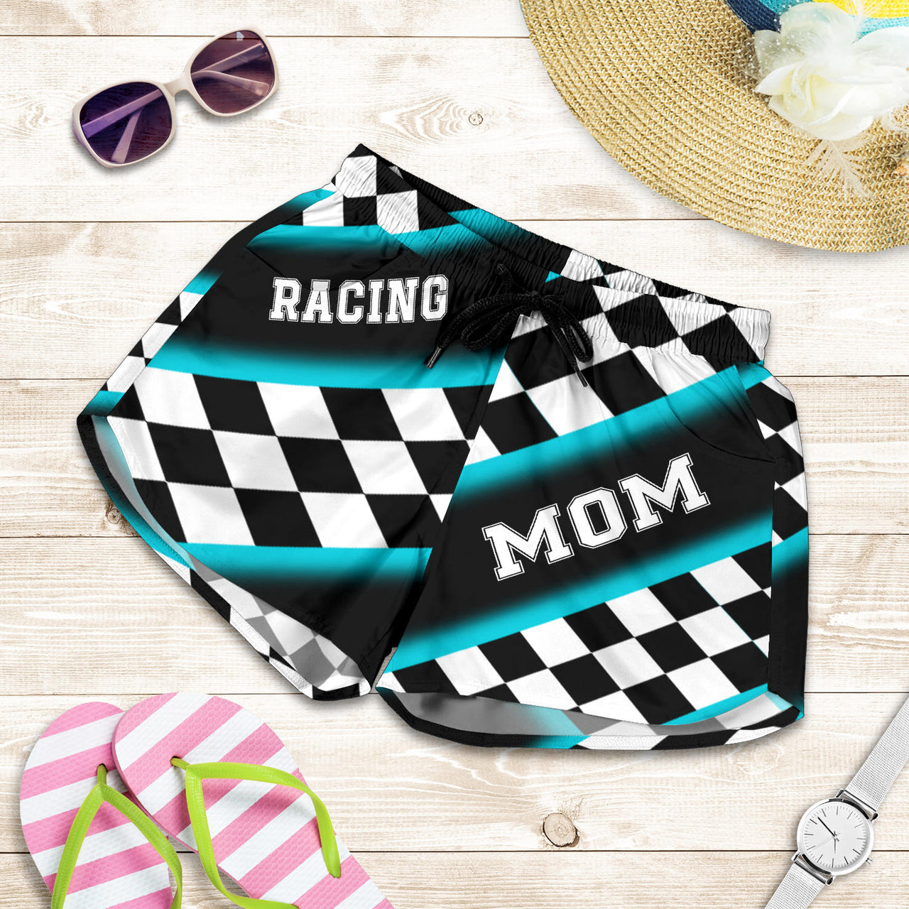 Women's Racing Mom Checkered Shorts featuring a classic black and carolina blue racing checkerboard pattern, an elastic waistband, and a comfortable fit.