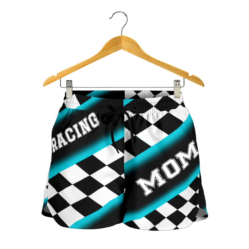 Women's Racing Mom Checkered Shorts featuring a classic black and carolina blue racing checkerboard pattern, an elastic waistband, and a comfortable fit.