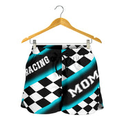 Women's Racing Mom Checkered Shorts featuring a classic black and carolina blue racing checkerboard pattern, an elastic waistband, and a comfortable fit.