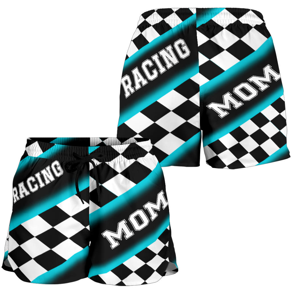 Women's Racing Mom Checkered Shorts featuring a classic black and carolina blue racing checkerboard pattern, an elastic waistband, and a comfortable fit.