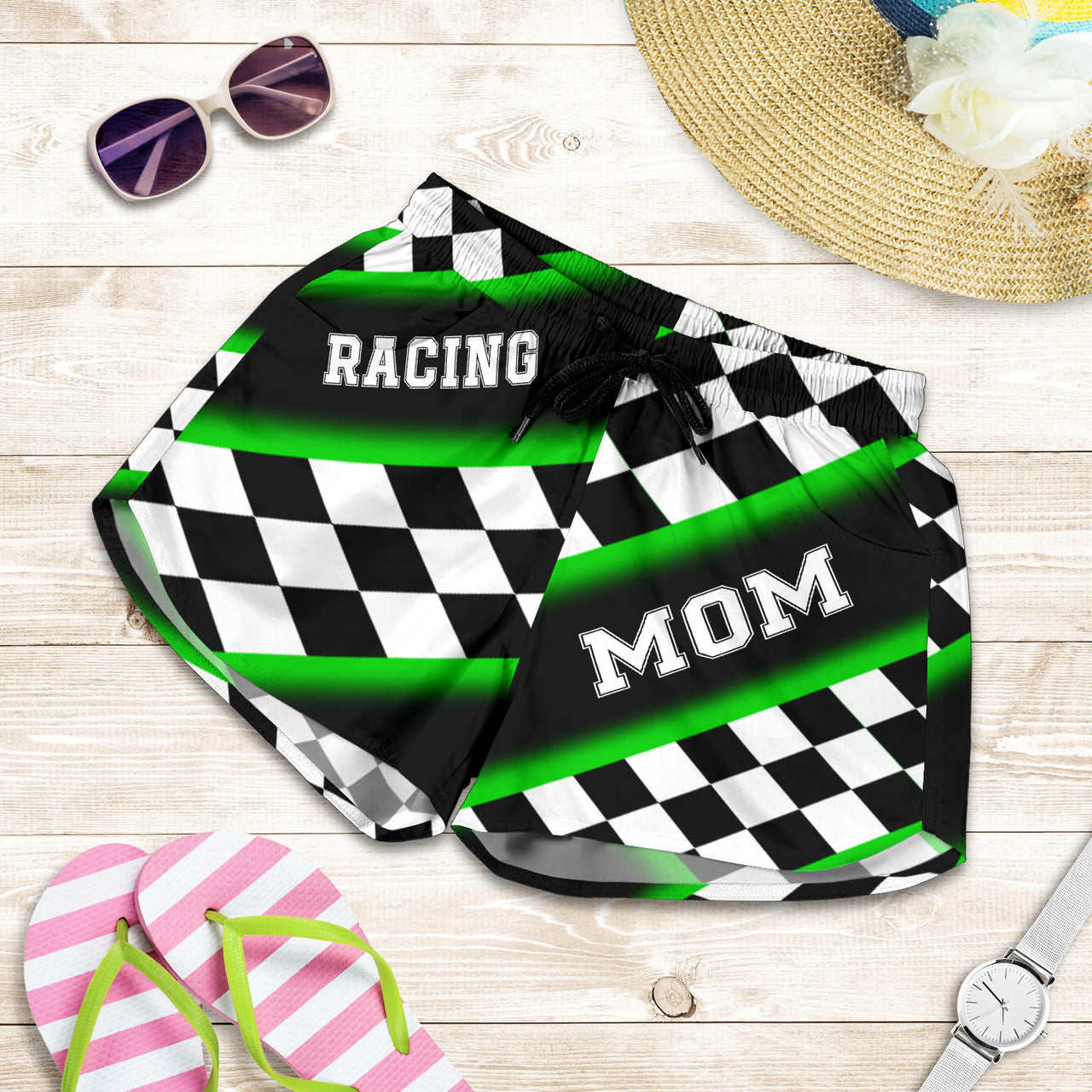 Women's Racing Mom Checkered Shorts featuring a classic black and green racing checkerboard pattern, an elastic waistband, and a comfortable fit.