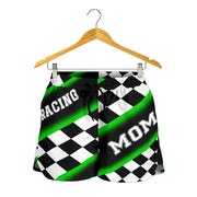 Women's Racing Mom Checkered Shorts featuring a classic black and green racing checkerboard pattern, an elastic waistband, and a comfortable fit.