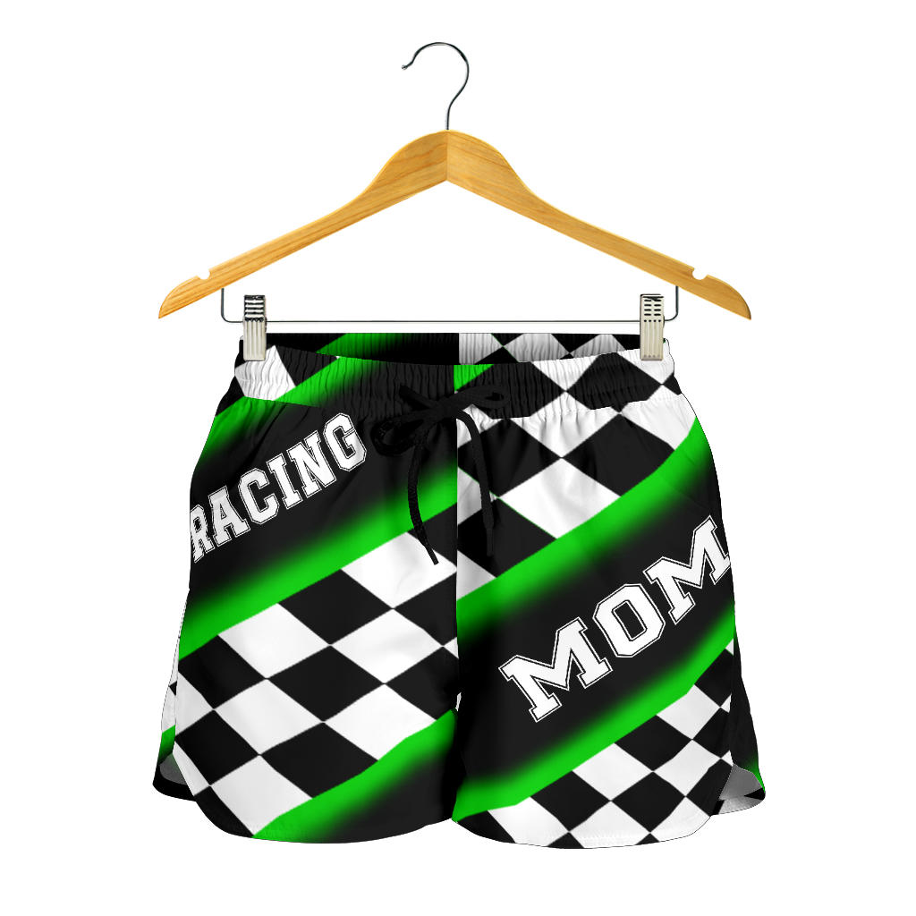 Women's Racing Mom Checkered Shorts featuring a classic black and green racing checkerboard pattern, an elastic waistband, and a comfortable fit.