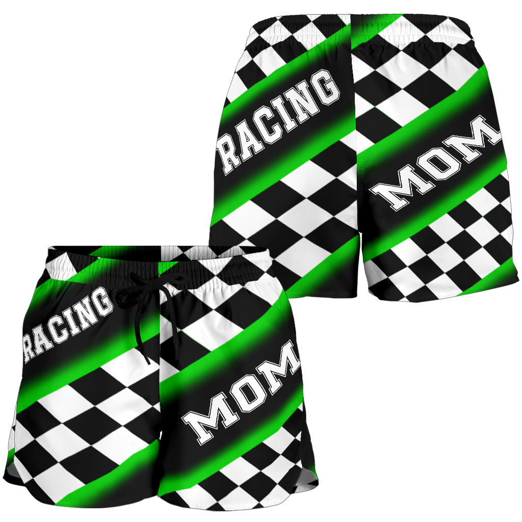 Women's Racing Mom Checkered Shorts featuring a classic black and green racing checkerboard pattern, an elastic waistband, and a comfortable fit.