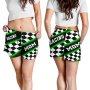 Women's Racing Mom Checkered Shorts featuring a classic black and green racing checkerboard pattern, an elastic waistband, and a comfortable fit.