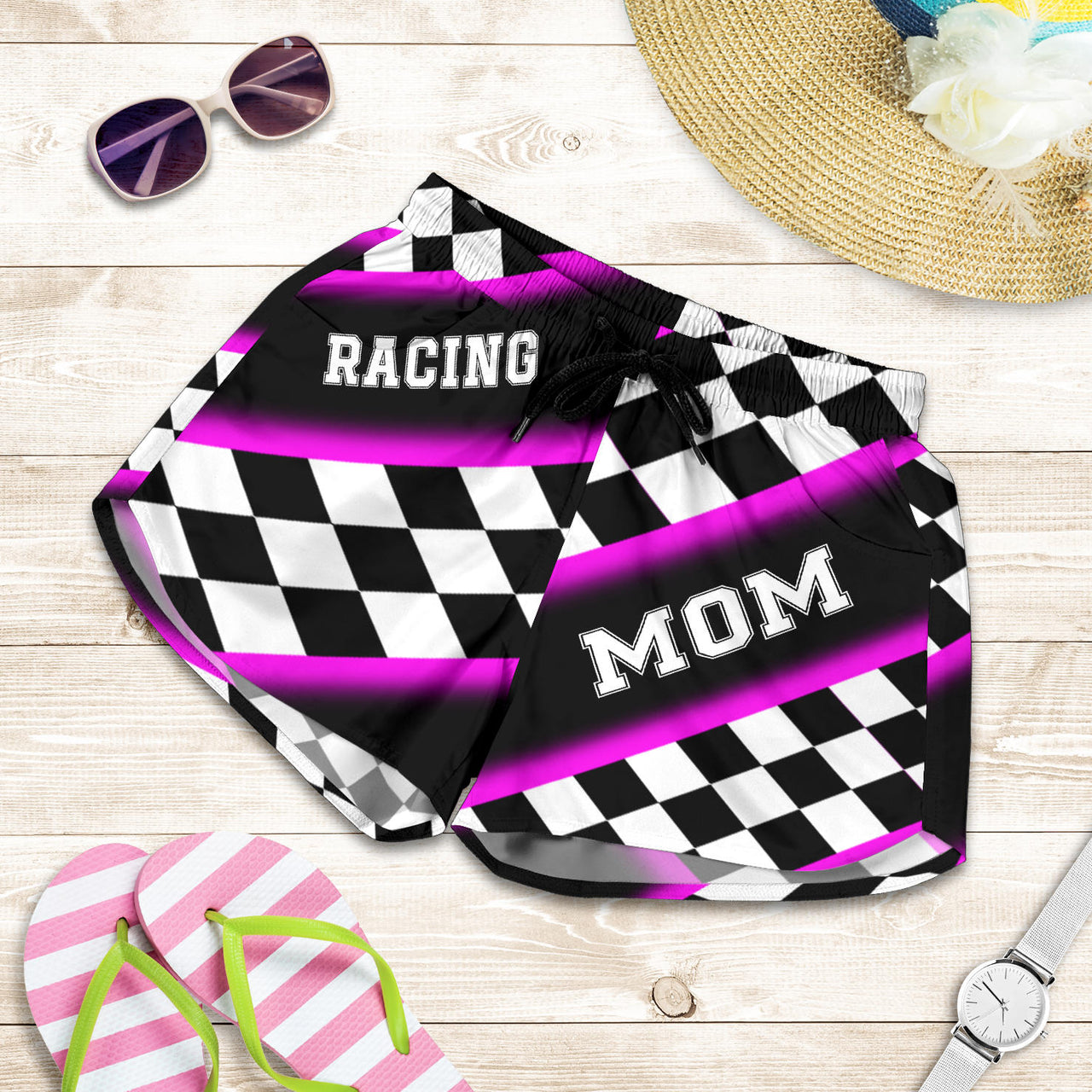 Women's Racing Mom Checkered Shorts featuring a classic black and pink racing checkerboard pattern, an elastic waistband, and a comfortable fit.