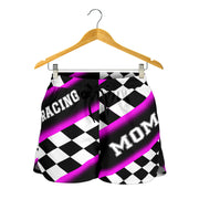Women's Racing Mom Checkered Shorts featuring a classic black and pink racing checkerboard pattern, an elastic waistband, and a comfortable fit.