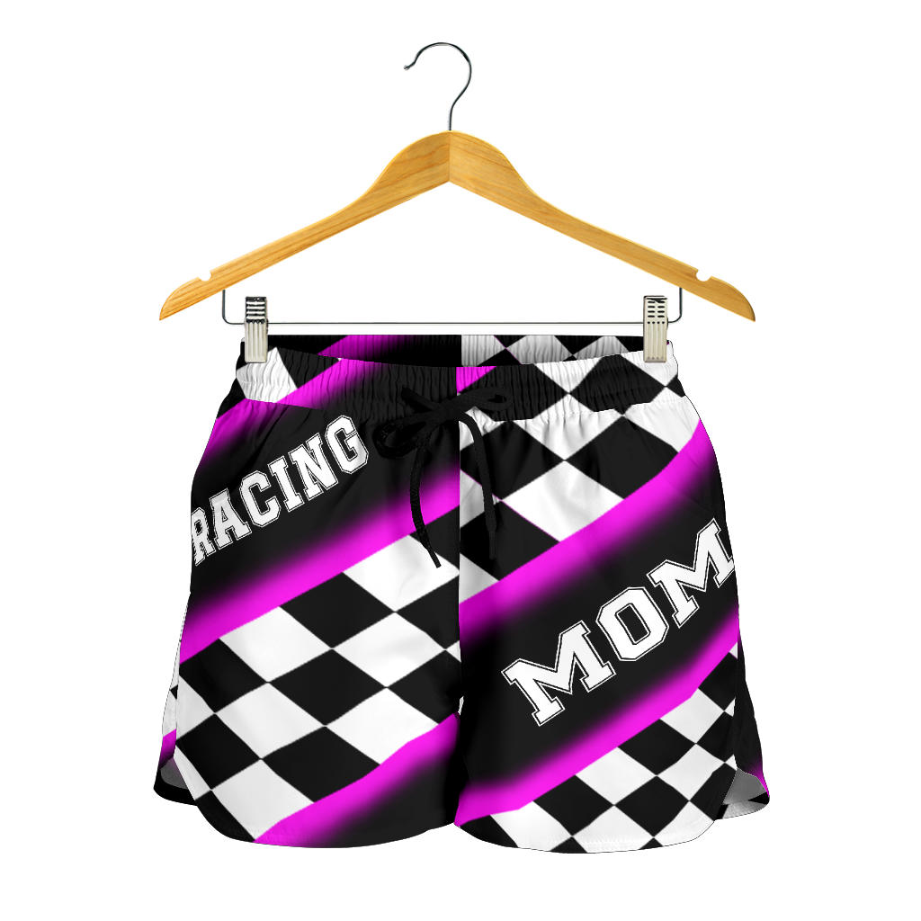 Women's Racing Mom Checkered Shorts featuring a classic black and pink racing checkerboard pattern, an elastic waistband, and a comfortable fit.