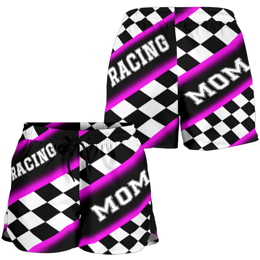 Women's Racing Mom Checkered Shorts featuring a classic black and pink racing checkerboard pattern, an elastic waistband, and a comfortable fit.