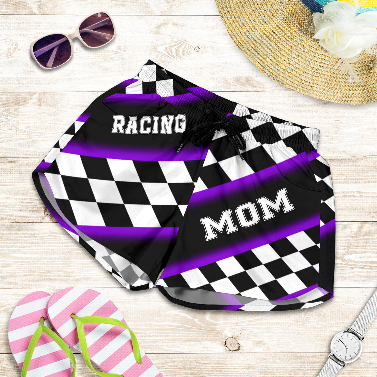 Women's Racing Mom Checkered Shorts featuring a classic black and purple racing checkerboard pattern, an elastic waistband, and a comfortable fit.