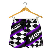 Women's Racing Mom Checkered Shorts featuring a classic black and purple racing checkerboard pattern, an elastic waistband, and a comfortable fit.