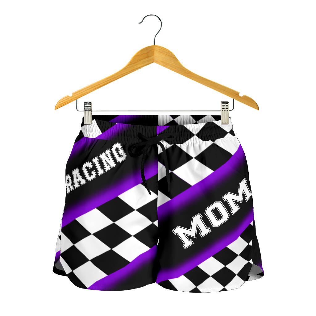 Women's Racing Mom Checkered Shorts featuring a classic black and purple racing checkerboard pattern, an elastic waistband, and a comfortable fit.