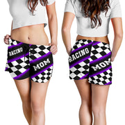 Women's Racing Mom Checkered Shorts featuring a classic black and purple racing checkerboard pattern, an elastic waistband, and a comfortable fit.