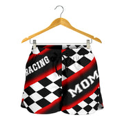 Women's Racing Mom Checkered Shorts featuring a classic black and red racing checkerboard pattern, an elastic waistband, and a comfortable fit.