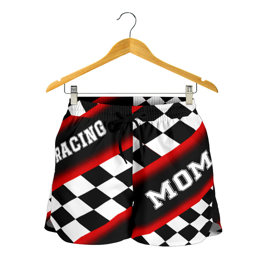 Women's Racing Mom Checkered Shorts featuring a classic black and red racing checkerboard pattern, an elastic waistband, and a comfortable fit.