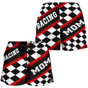 Women's Racing Mom Checkered Shorts featuring a classic black and red racing checkerboard pattern, an elastic waistband, and a comfortable fit.