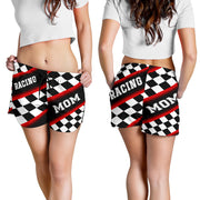 Women's Racing Mom Checkered Shorts featuring a classic black and red racing checkerboard pattern, an elastic waistband, and a comfortable fit.