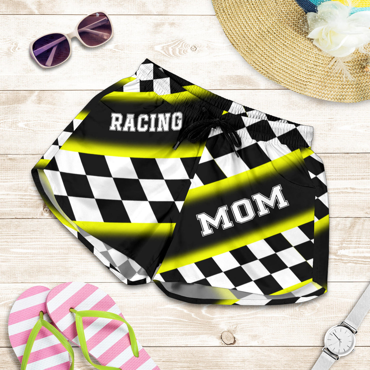 Women's Racing Mom Checkered Shorts featuring a classic black and yellow racing checkerboard pattern, an elastic waistband, and a comfortable fit.