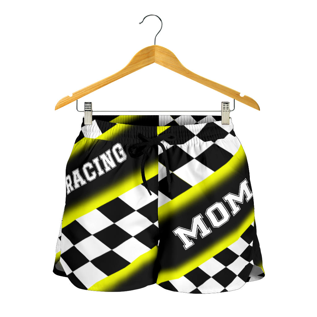 Women's Racing Mom Checkered Shorts featuring a classic black and yellow racing checkerboard pattern, an elastic waistband, and a comfortable fit.
